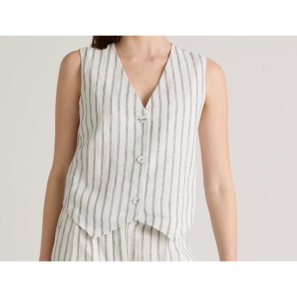 Quince Oatmeal Black Stripe 100% European Linen Button Front Vest S